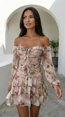 Sorrento Garden Floral Off Shoulder Ruffle Mini Dress - Beige Multi