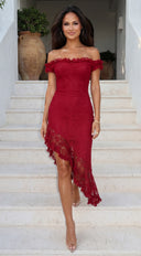 Valentia Lace Hi-Low Maxi Dress - Red