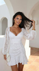 Nerano Lace Ruffle Asymmetric Mini Dress in White back view on model