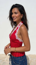 Valette Polka Dot Lace Halter Top - Red