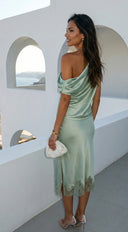 Alessara Satin Lace Off Shoulder Set - Sage Green