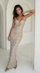 Celestara Rhinestone Cutout Maxi Dress - Beige