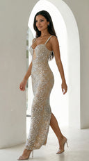 beige cut out maxi dress AWAVE Studio Halter Neck Cut Out Long Dress in Beige
