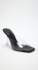 Victoria Clear Strap Mule Heels in Black side profile view