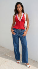 Valette Polka Dot Lace Halter Top - Red