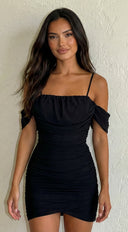 Milan After Hours Mesh Mini Dress in Black side profile view on model