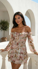 Sorrento Garden Floral Off Shoulder Ruffle Mini Dress - Beige Multi