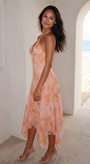 Esperalia Floral Halter Asymmetric Midi Dress - Orange Multi