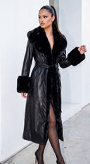 Ravessa Long Faux Leather Fur Trim Coat - Black