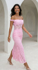 Roselune Lace Off Shoulder Dress - Pink