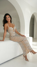Celestara Rhinestone Cutout Maxi Dress - Beige