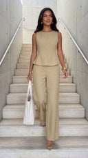 Avelora Pinstripe Tailored Set in Beige full length front view on model