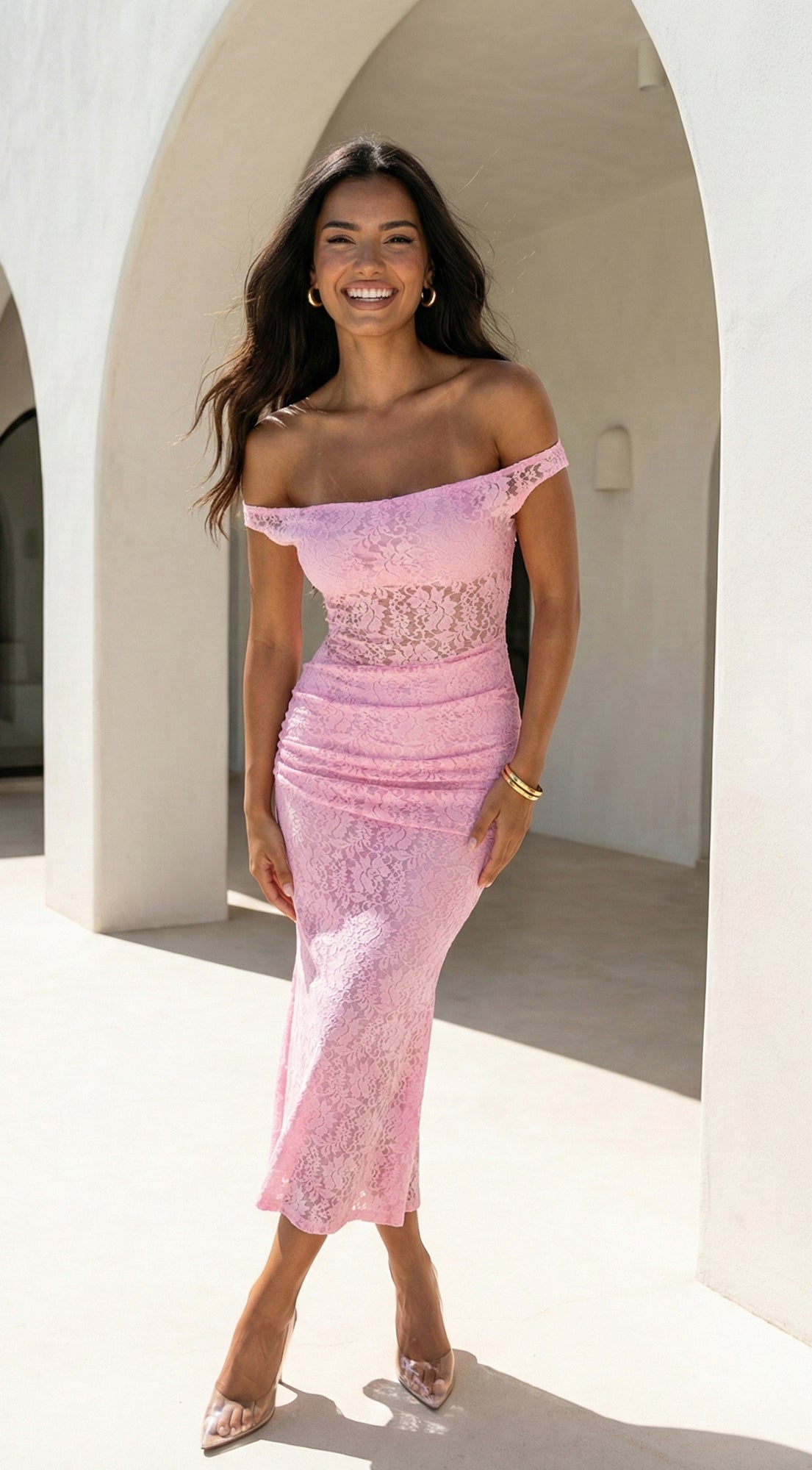 Roselune Lace Off Shoulder Dress - Pink