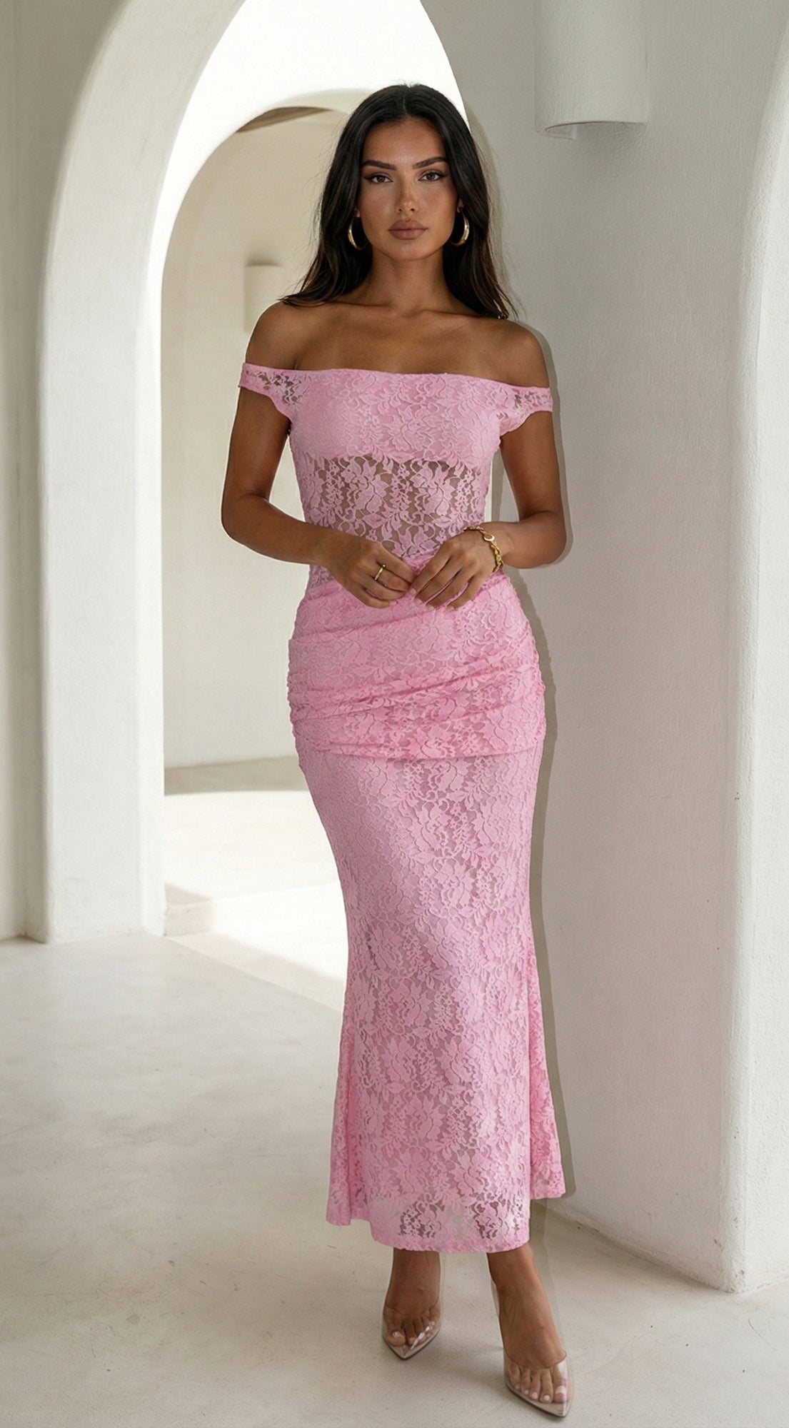 Roselune Lace Off Shoulder Dress - Pink