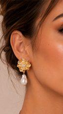 Opaline Flower Pearl Drop Earrings - Gold