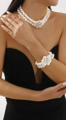 Sia Layered Enamel Pearl Camellia Flower Bracelet - White