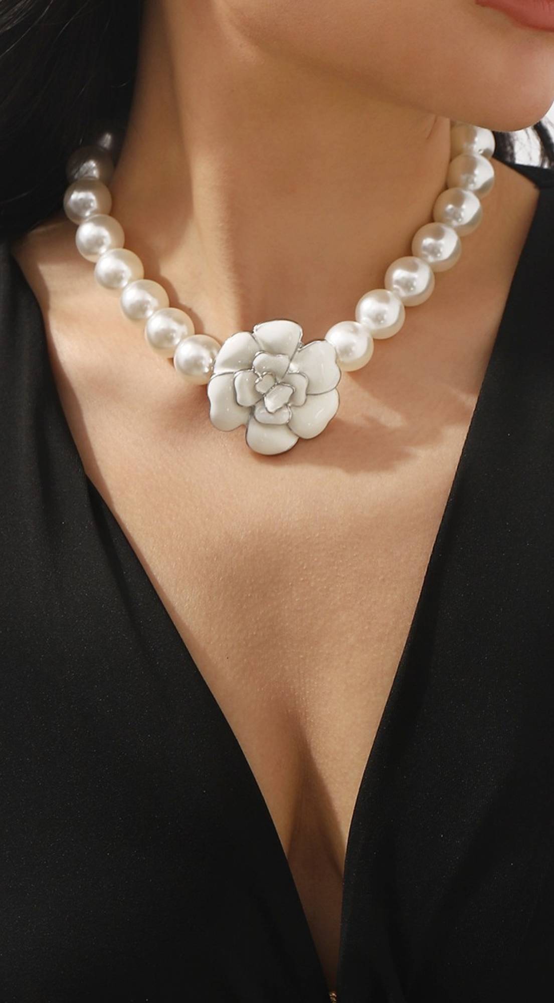 Zia Enamel Pearl Camellia Flower Pendant Necklace - White