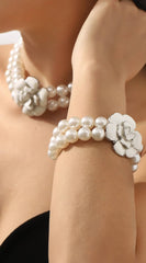 Sia Layered Enamel Pearl Camellia Flower Bracelet - White