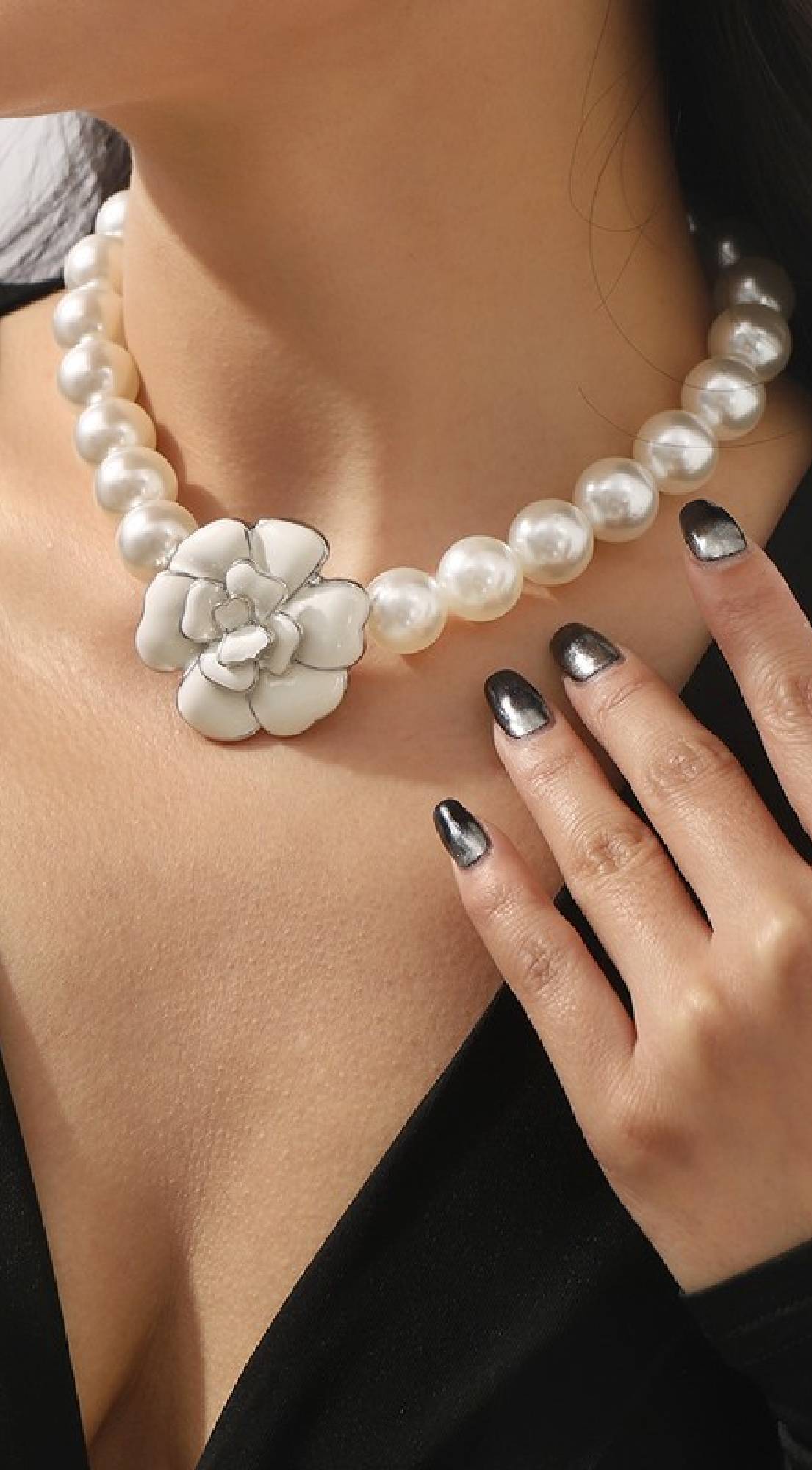 Zia Enamel Pearl Camellia Flower Pendant Necklace - White