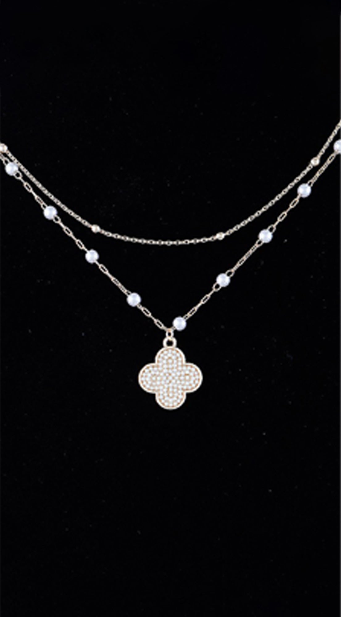 May Double Pearled Clover Necklace - Gold
