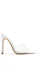 Gia Clear Pointy Toe Heels in White close-up of heel and sole detail