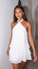Tavira Rosette Ruffle Halter Mini Dress - White