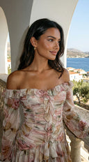 Sorrento Garden Floral Off Shoulder Ruffle Mini Dress - Beige Multi