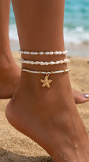 Shoreline Starfish Charm 3 Piece Anklet Set - White
