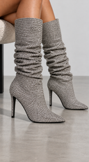 Krystal Rhinestone Ruched Heeled Boots - Gunmetal Silver