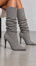 Krystal Rhinestone Ruched Heeled Boots - Gunmetal Silver