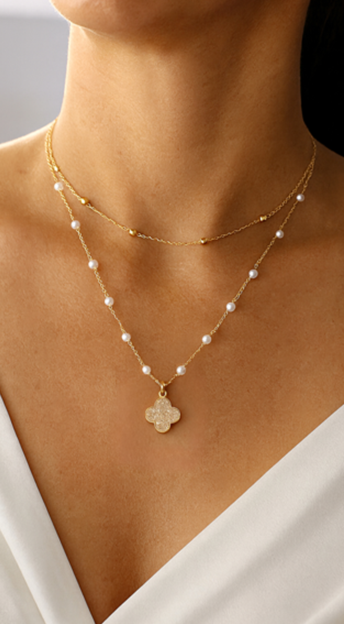 May Double Pearled Clover Necklace - Gold