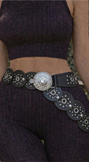 Vanna Silver Disc Faux Leather Boho Western Waist Belt in Black front view product shot