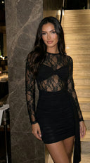 Isadora Lace Sash Mini Dress in Black collar and strap construction