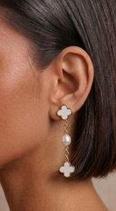 Mya Clover & Fresh Water Pearl Chain Earrings - White