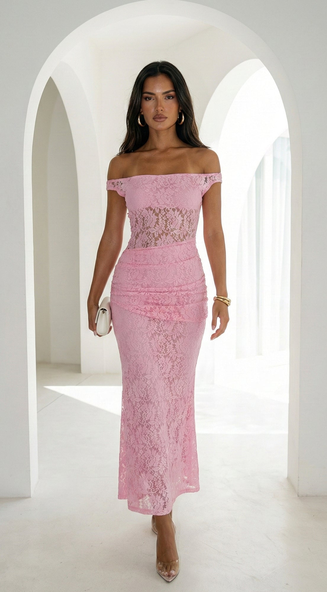 Roselune Lace Off Shoulder Dress - Pink