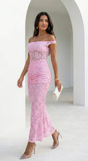 Roselune Lace Off Shoulder Dress - Pink