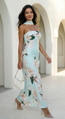 reverse halter dress Elysira Reverse Halter Floral Satin Maxi Dress