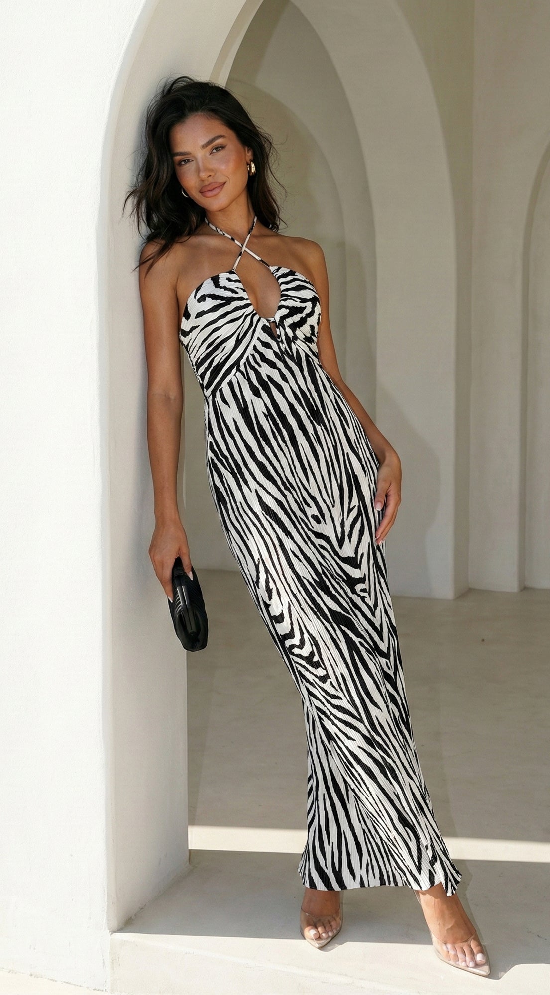 Noemiya Zebra Pleated Halter Maxi Dress - White