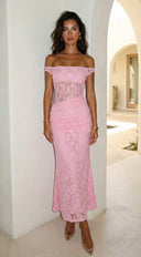 Roselune Lace Off Shoulder Dress - Pink