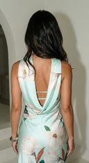 Elysira Reverse Halter Floral Satin Maxi Dress - Mint Blue