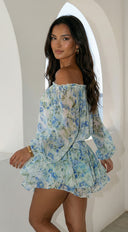 Cyrene Floral Off-Shoulder Mini Dress in Shoulder Mini Dress - Floral Green fabric drape close-up hemline and silhouette