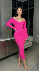 Lio Off Shoulder Ribbed Midi Dress - Pink