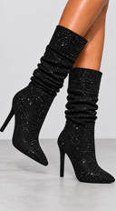 Krystal Rhinestone Ruched Heeled Boots - Black