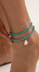 Paradise 3 Piece Layered Anklet Set With Pearl - Turquoise