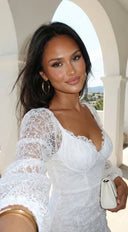Nerano Lace Ruffle Asymmetric Mini Dress in White layered styling on model