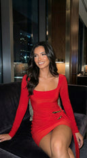 Aloria Square Neck Draped Mini Dress - Red