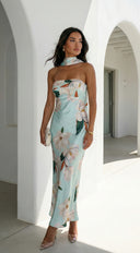 Elysira Reverse Halter Floral Satin Maxi Dress - Mint Blue