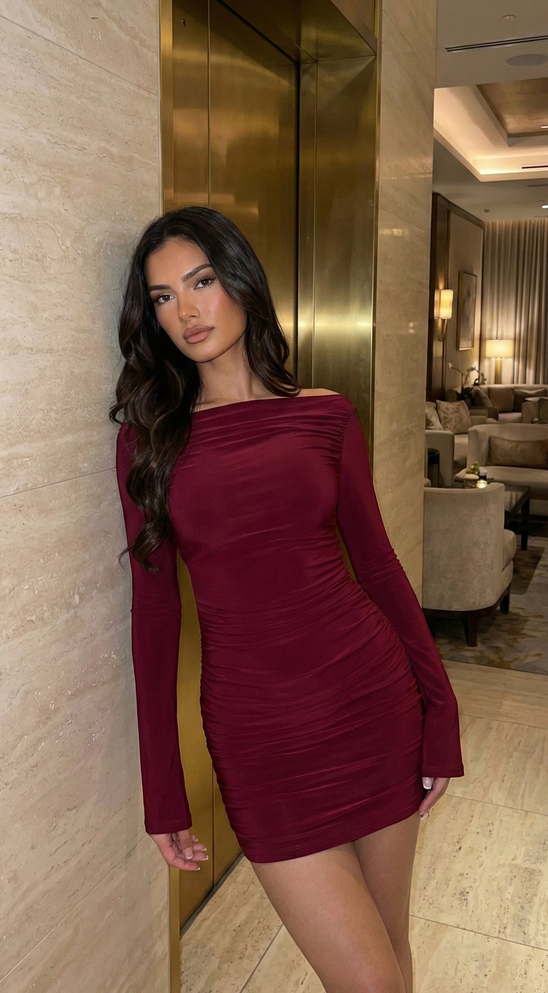 Viona Long Sleeve Mini Dress - Burgundy Red