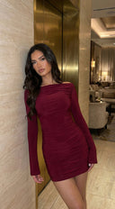 Viona Long Sleeve Mini Dress - Burgundy Red