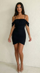 Milan After Hours Mesh Mini Dress in Black styled outfit flat lay